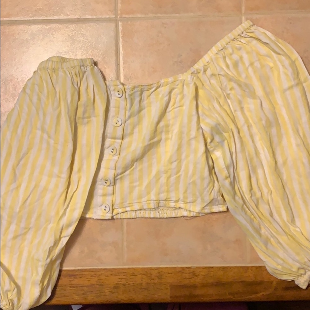 Yellow and white striped off the shoulder crop top